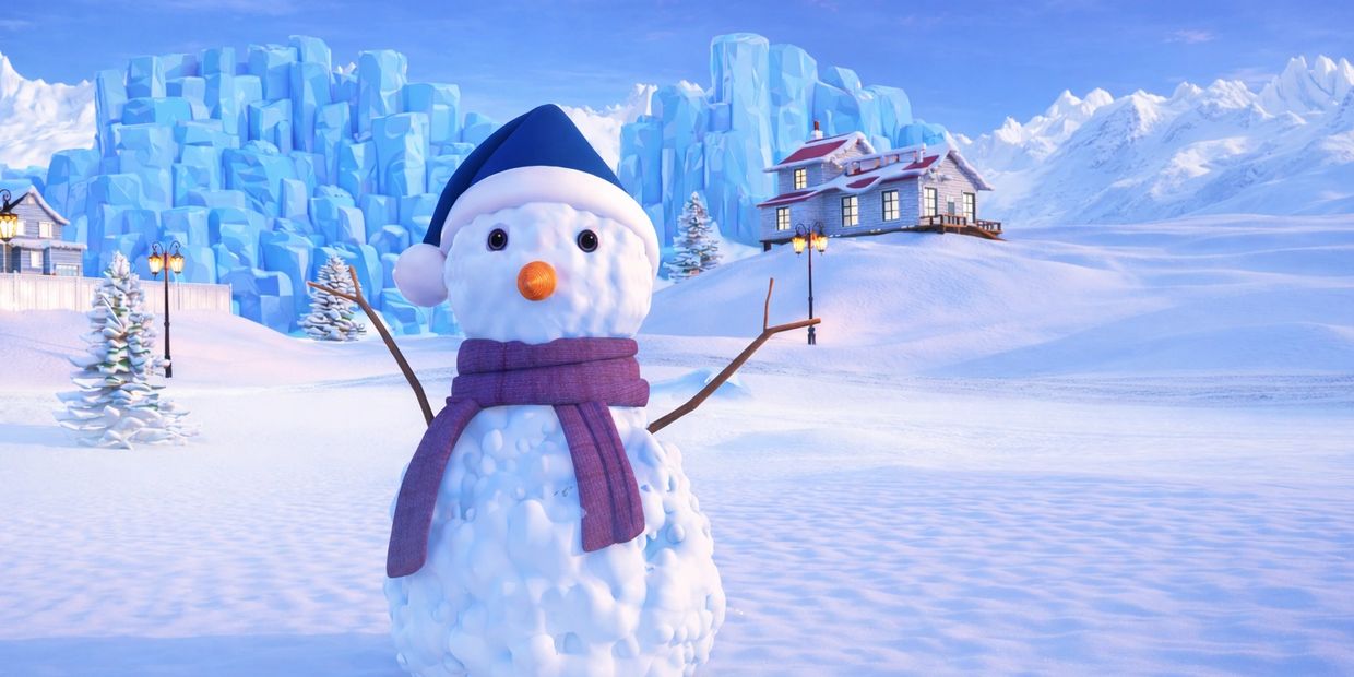 A cheerful snowman with a blue hat and purple scarf in a snowy landscape.