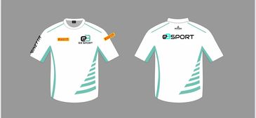Front and back views of a white sports jersey with logos.