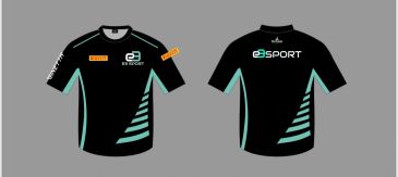 Front and back view of a black esports jersey with teal accents.