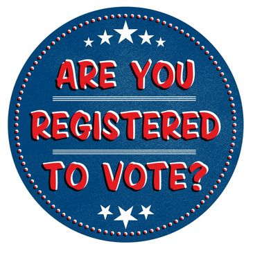 Circular badge asking, 'Are you registered to vote?' in red and white text on blue.