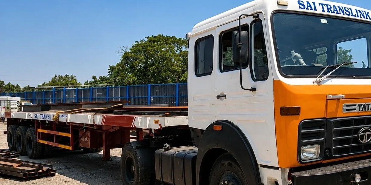 Side view of a white and orange truck with a flatbed trailer.