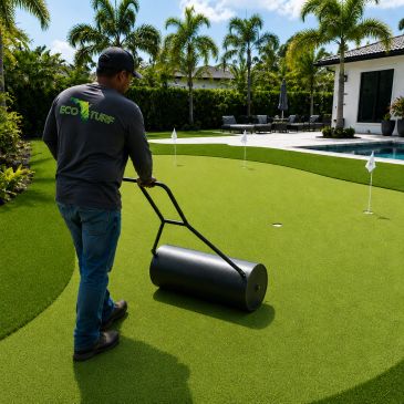 Man rolls lawn on golf putting green.