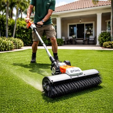 Person using a Stihl power broom on a lawn.