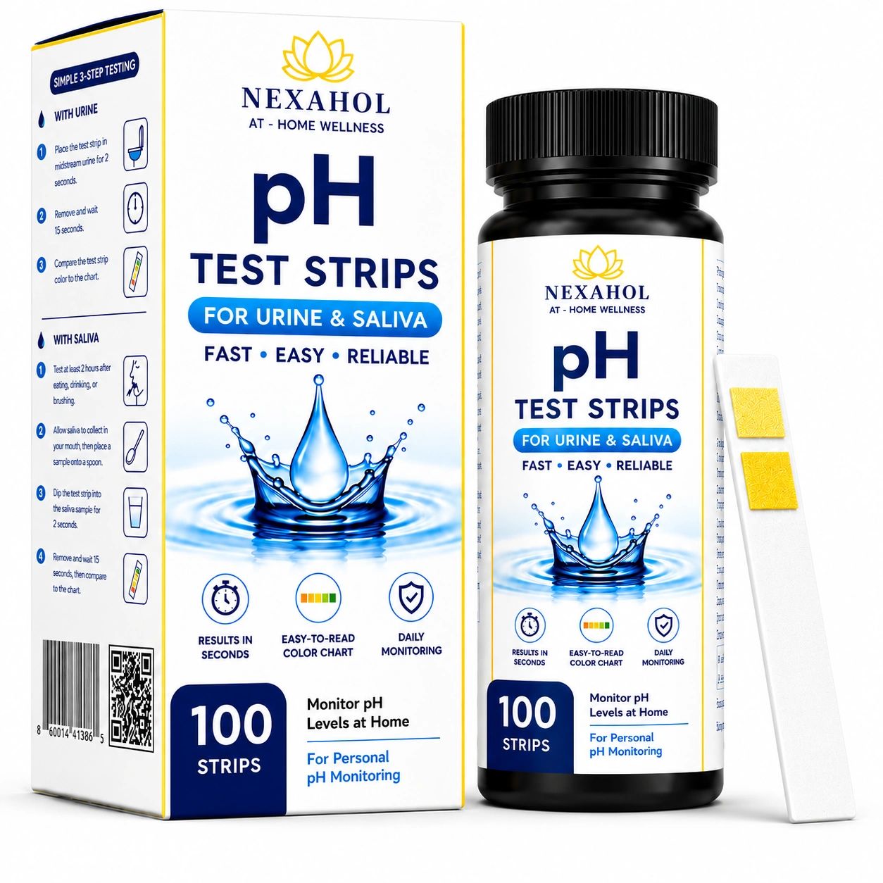 pH test strips for urine and saliva monitoring.