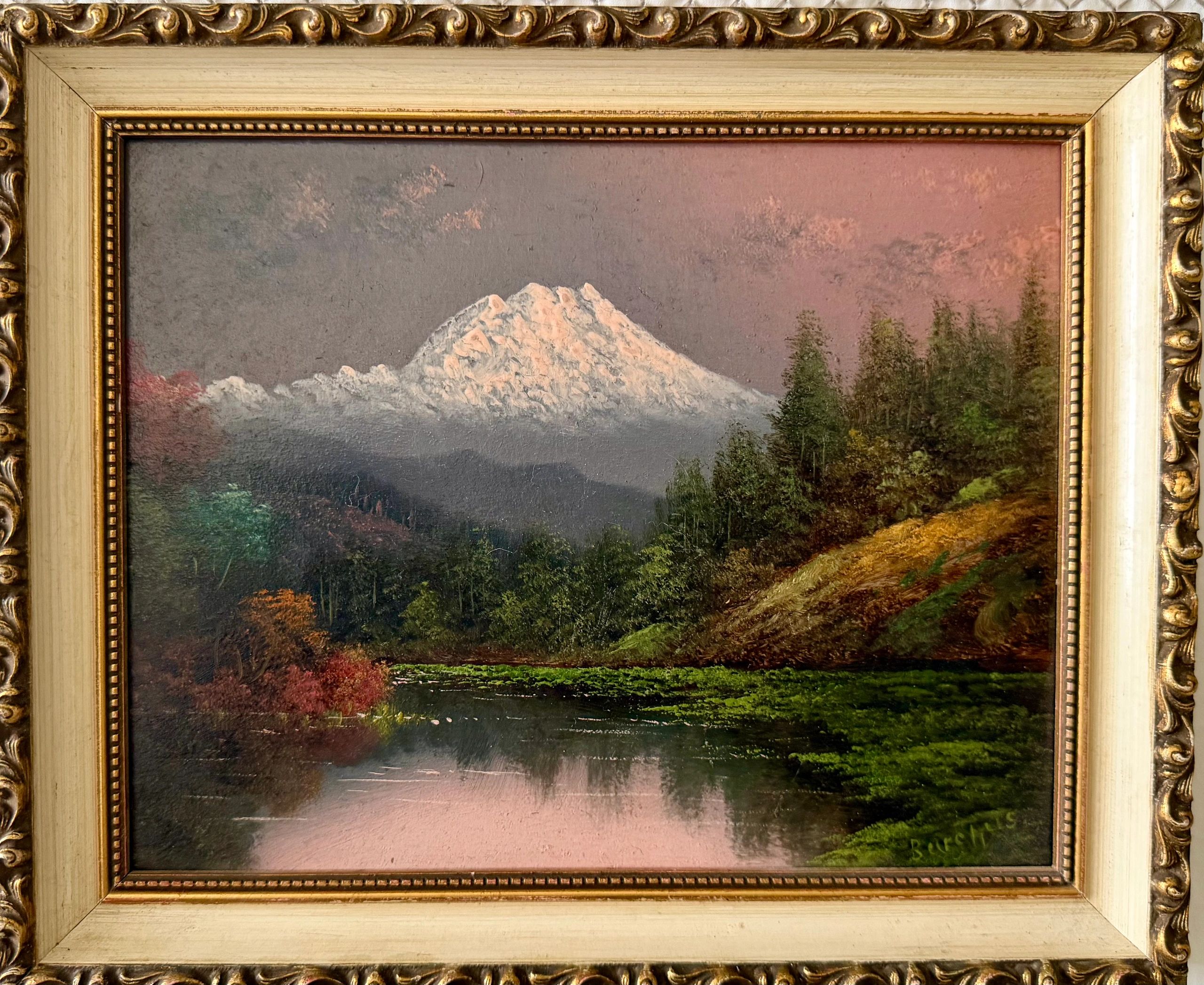 Framed painting of a serene mountain and forest landscape at dusk.