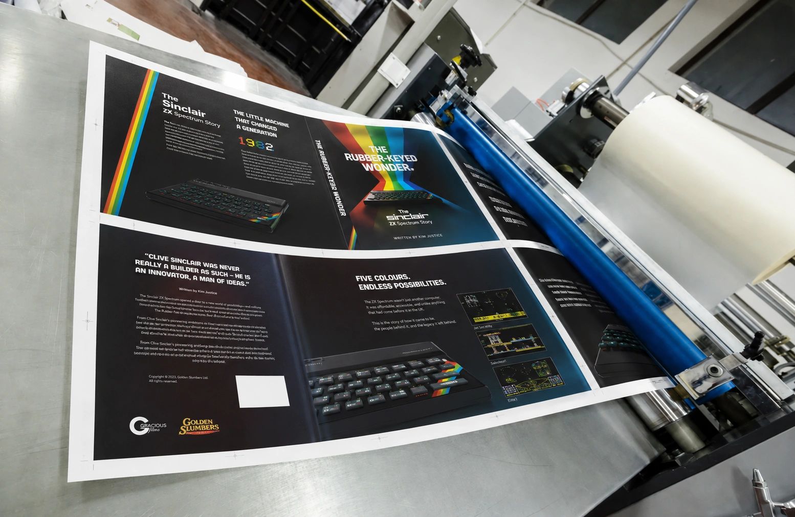 Printed poster about the Sinclair ZX Spectrum on a printing machine.