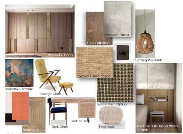 Rustic contemporary bedroom design. Scandinavian designed furniture.|Bespoke headboard with built in
