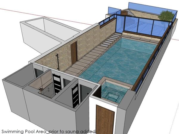 swimming pool visual with exposed stone walls. A sauna and steam room are in this space also.