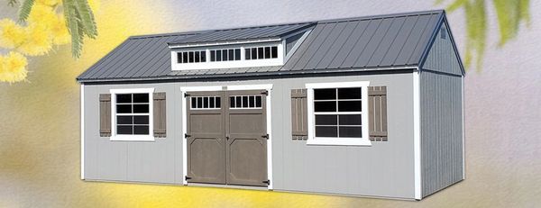 Gray garden shed with windows and double doors, set against a yellow floral background.