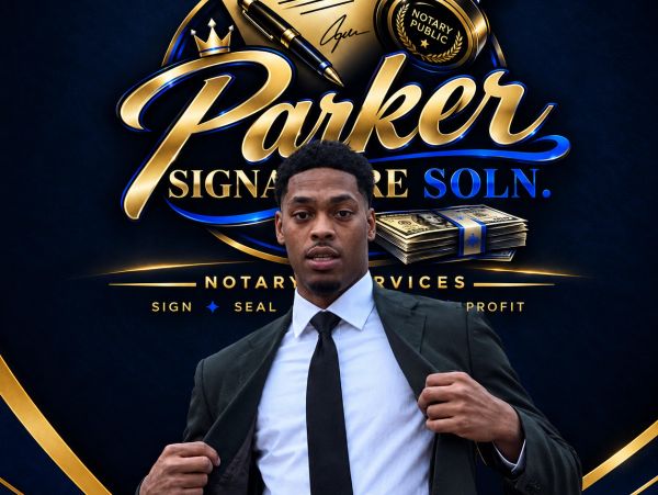 Man in suit posing confidently in front of Parker Signature Soln. logo.