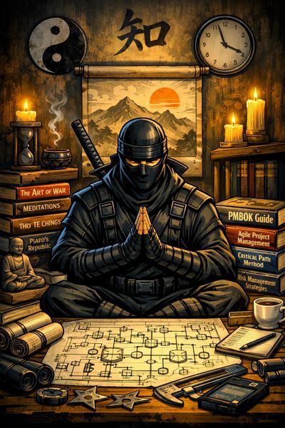 A ninja meditates surrounded by books, candles, and strategy tools in a dimly lit room.