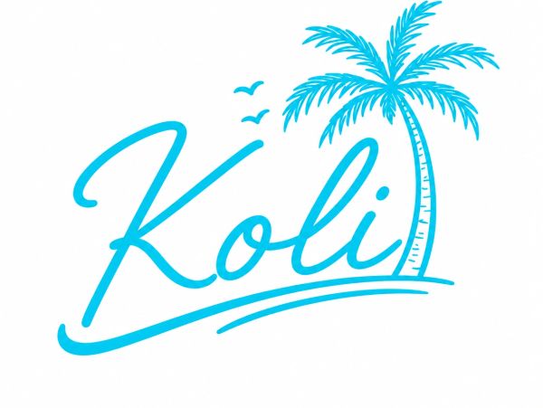 Blue logo with 'Koli', palm tree, and birds symbolizing a tropical theme.