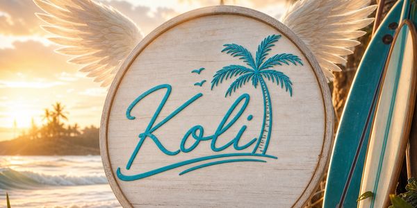 A wooden sign with 'Koli' and a palm tree, set against a beach sunset with angel wings.