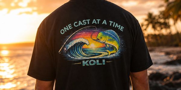 Person wearing a fishing-themed shirt at sunset on a beach.