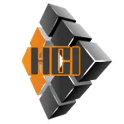 3D geometric logo with HCI initials.