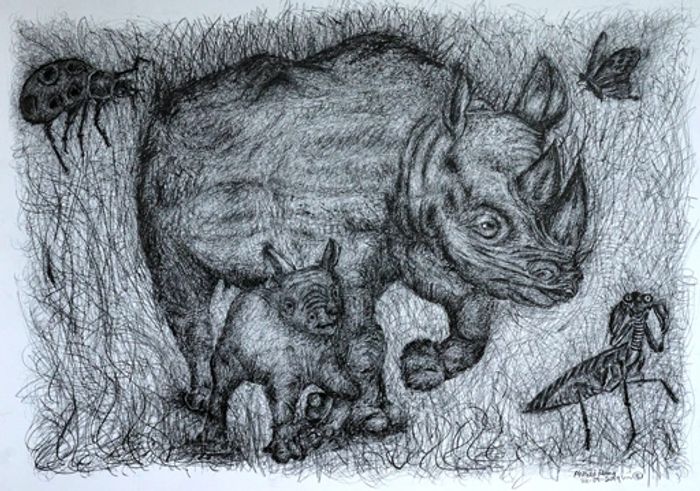 Detailed black ink drawing of a rhino with its calf surrounded by insects and a butterfly.