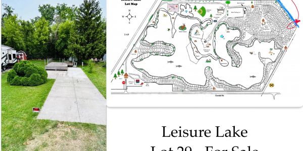 Leisure Lake lot 29 shown for sale with map and driveway.