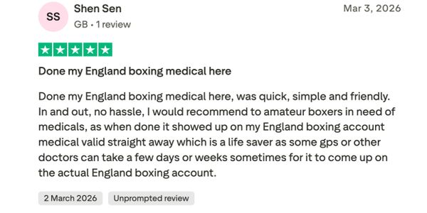 Positive review for quick and friendly England boxing medical service.