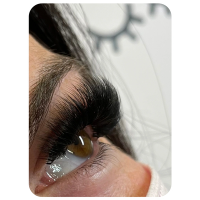 Close up image of one eye at an angle with mega volume lash extensions