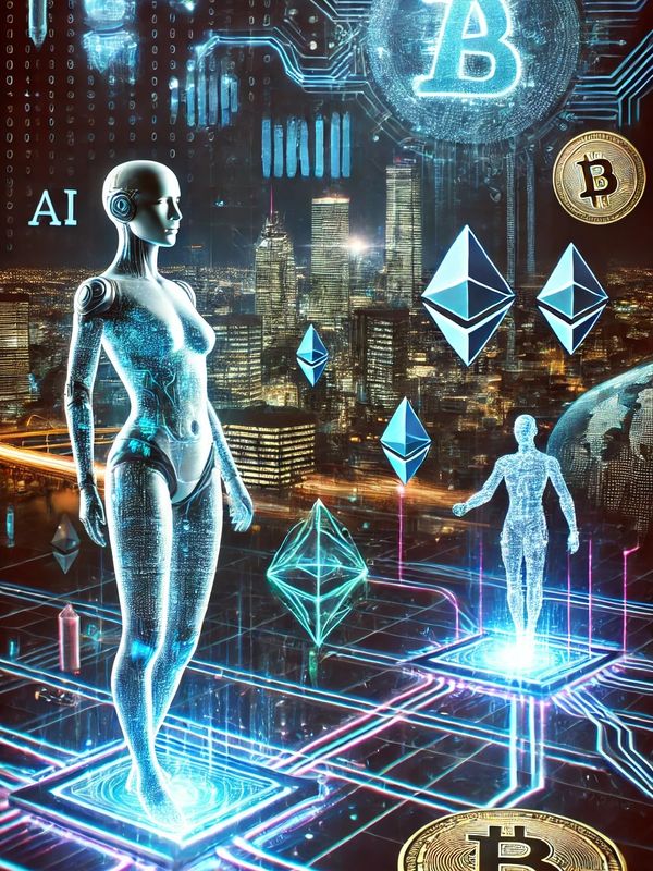 Futuristic AI people with a sleek, humanoid robotic form standing in a high-tech ethanium