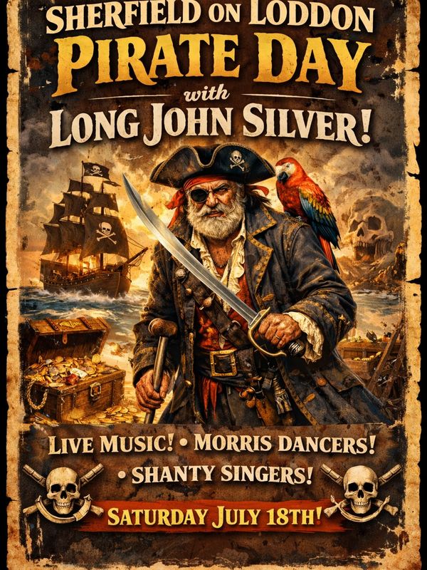 Pirate Day event poster featuring Long John Silver with treasure and a pirate ship.