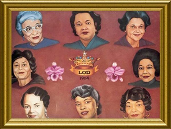Portraits of influential women from 1964 in a framed artwork.