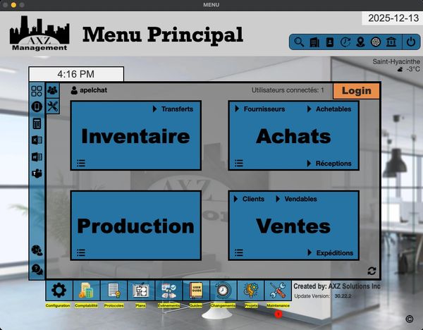 Main menu interface of AXZ Management software with inventory, purchases, production, and sales modules.