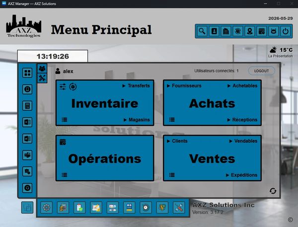 Main menu interface of AXZ Solutions software showing inventory, purchases, operations, and sales modules.