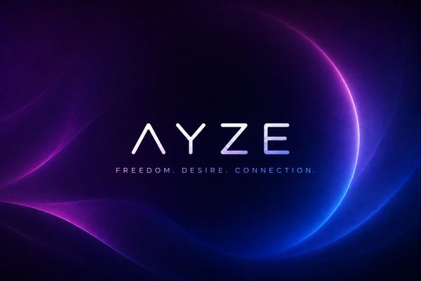 AYZE logo with a glowing purple and blue abstract background.