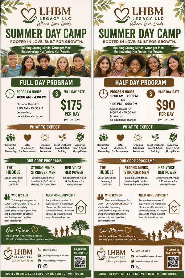 Flyer for LHBM Legacy LLC Summer Day Camp full day program.