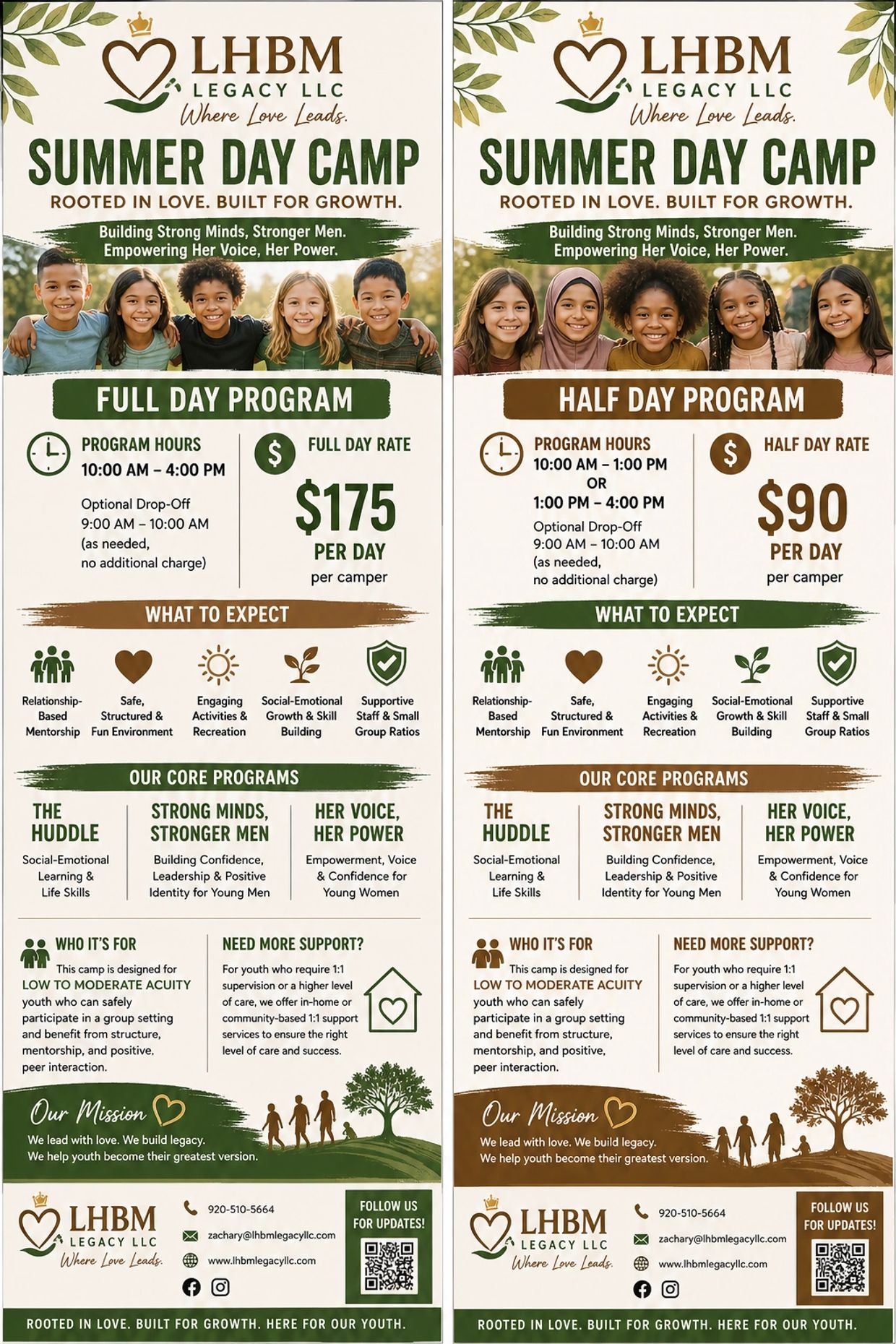 Flyer for LHBM Legacy LLC Summer Day Camp full day program.