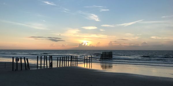 Poles protruding from the sand beach separating the Hanna Park beach from the Mayport Navy Base