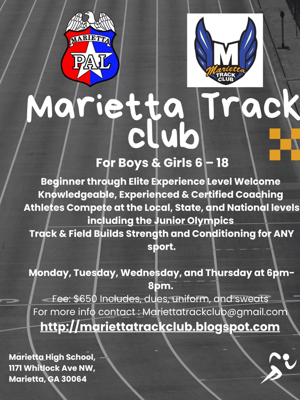 Marietta Track Club offers coaching for boys and girls aged 6-18 with experienced coaches.