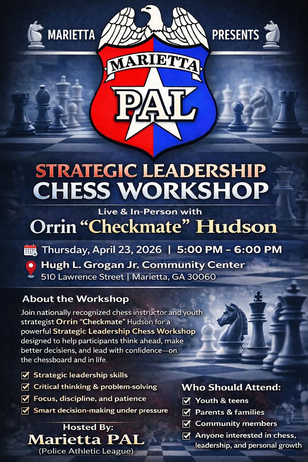 Chess workshop on strategic leadership hosted by Marietta PAL with Orrin "Checkmate" Hudson.