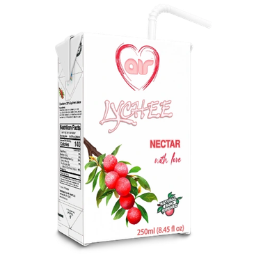 Carton of lychee nectar juice with a straw.