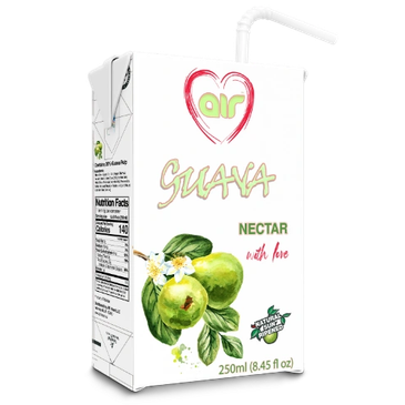 Carton of guava nectar juice with a straw.