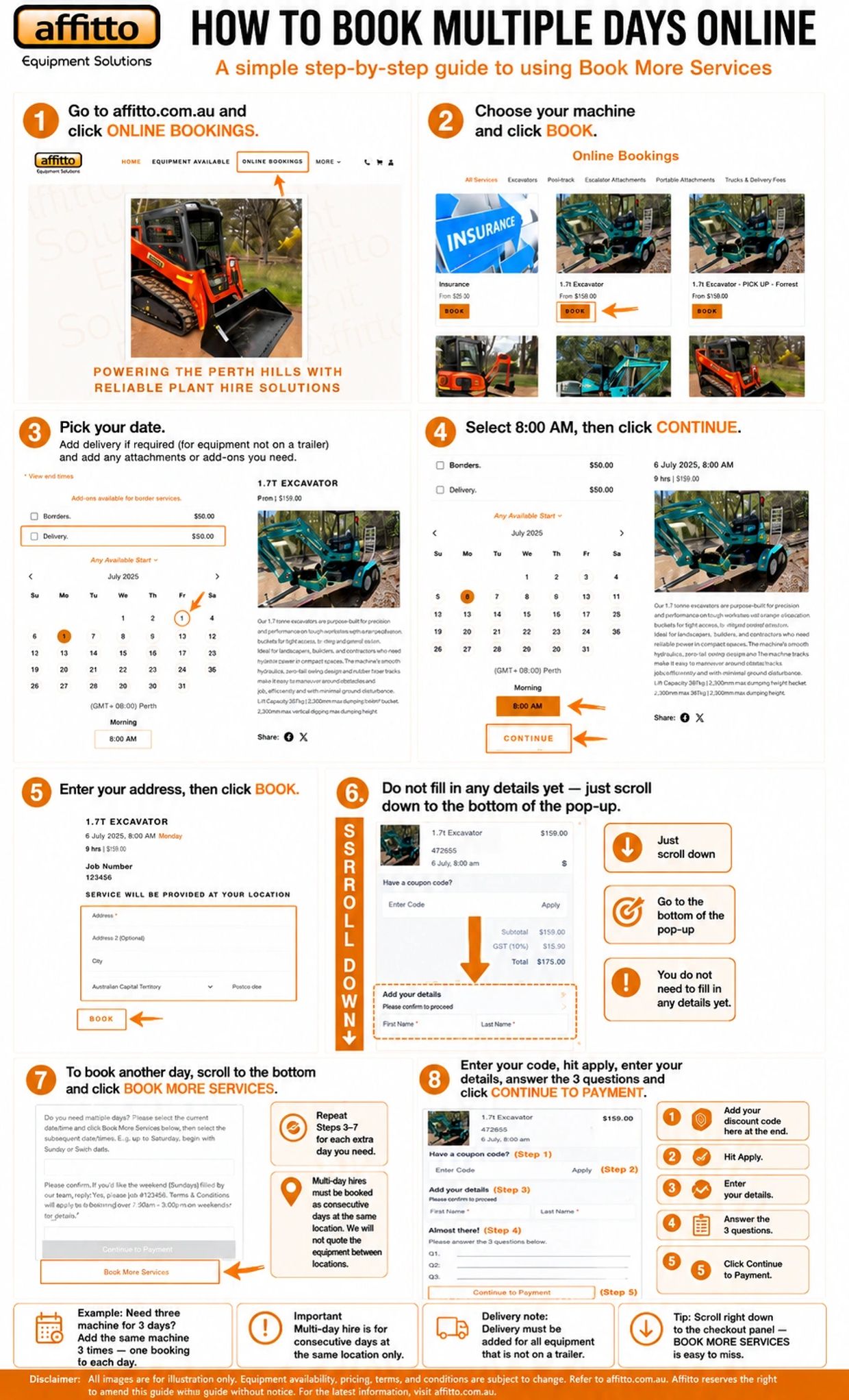 Step-by-step guide to booking multiple days online at affitto.com.au.