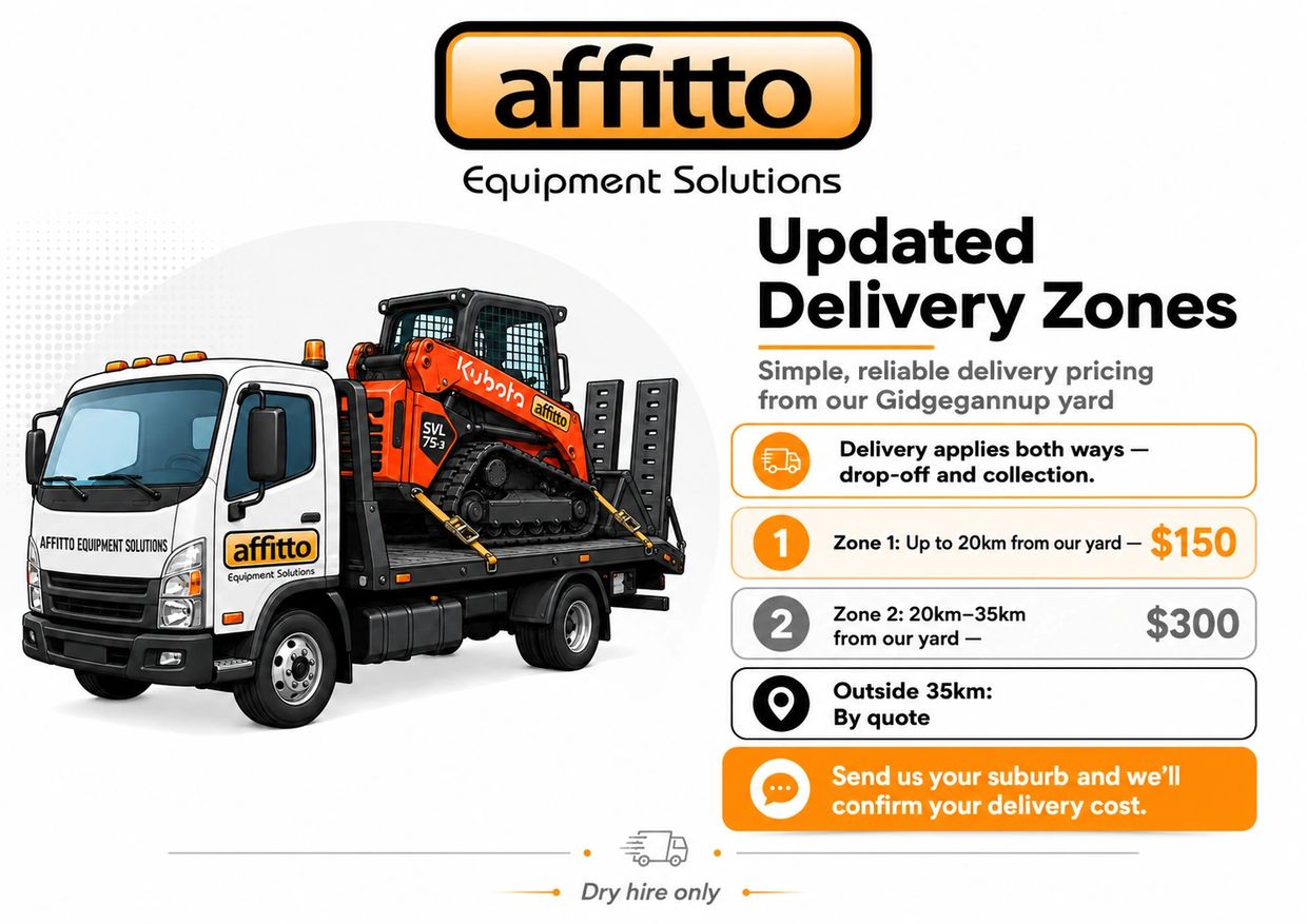 Affitto Equipment Solutions updated delivery zones with clear pricing for equipment transport from Gidgegannup yard.