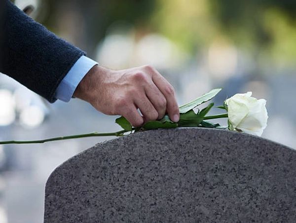 A hand places a white rose on a gravestone in a cemetery.