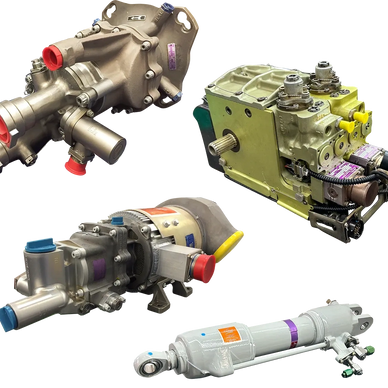 Four different aircraft hydraulic components isolated on white background.