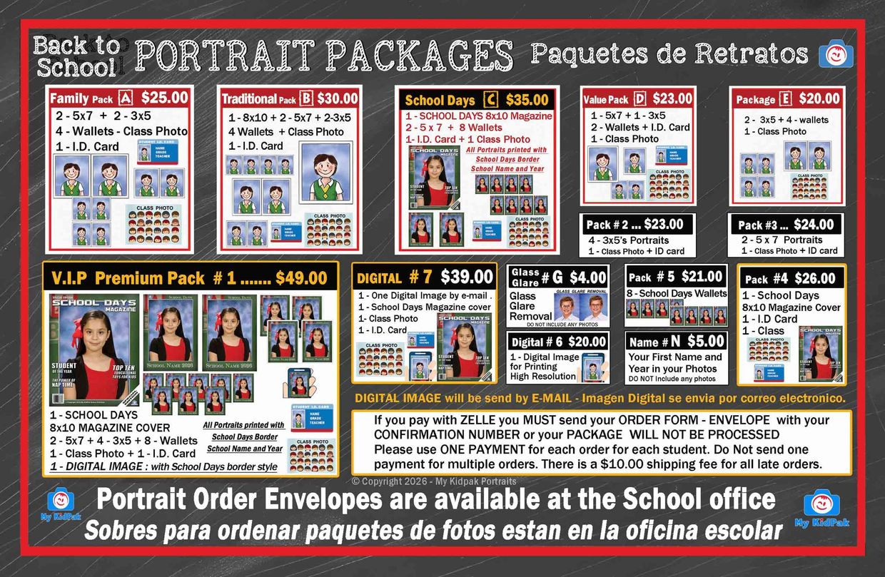 Back to school portrait packages with various photo and wallet options.