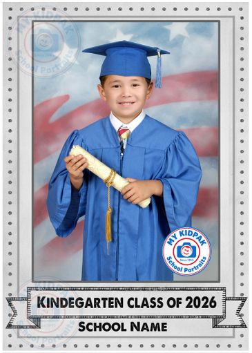 Young boy in blue graduation gown holding diploma with flag backdrop.