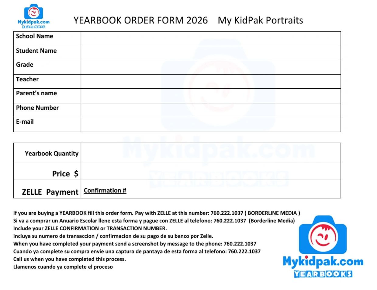 Yearbook order form for My KidPak Portraits with fields for student and payment details.