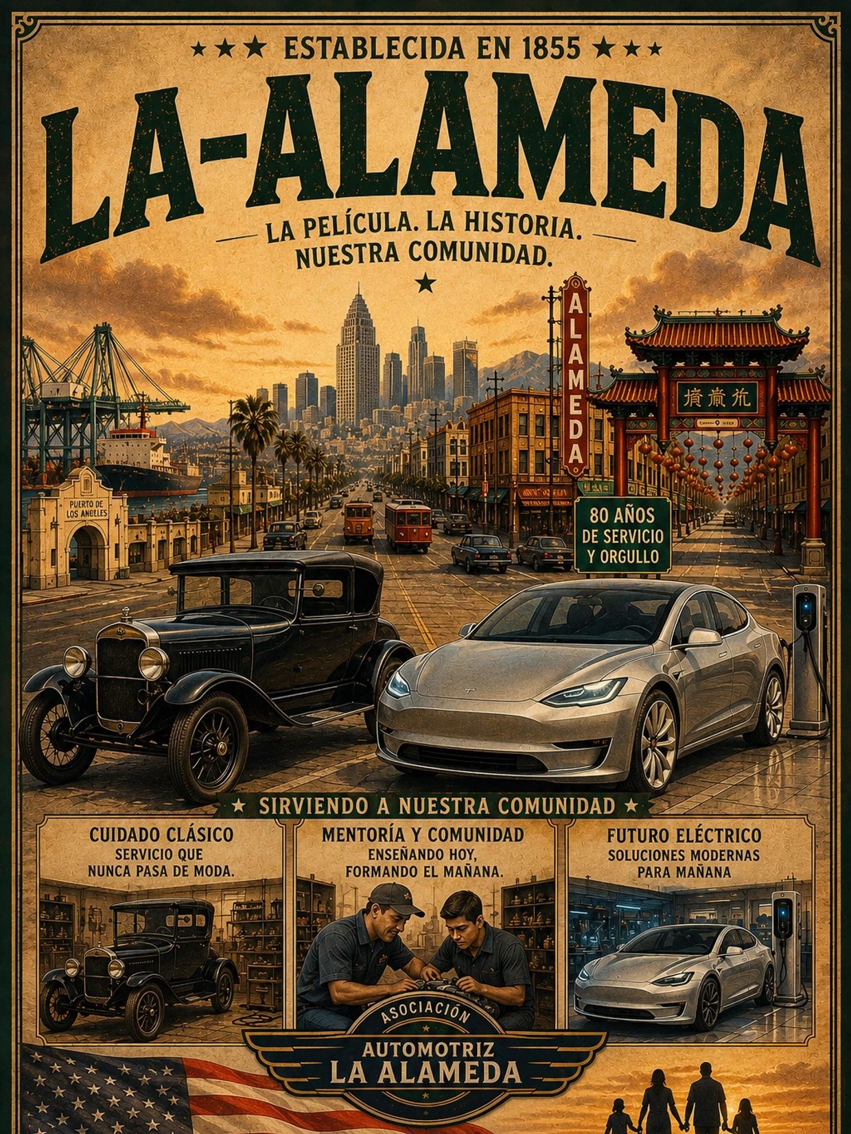 Cartel histórico y moderno de La Alameda, destacando coches clásicos y eléctricos.