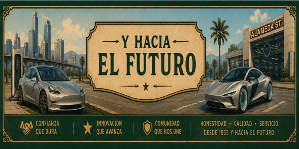 Futuristic electric cars and a message about trust, innovation, and community for the future.