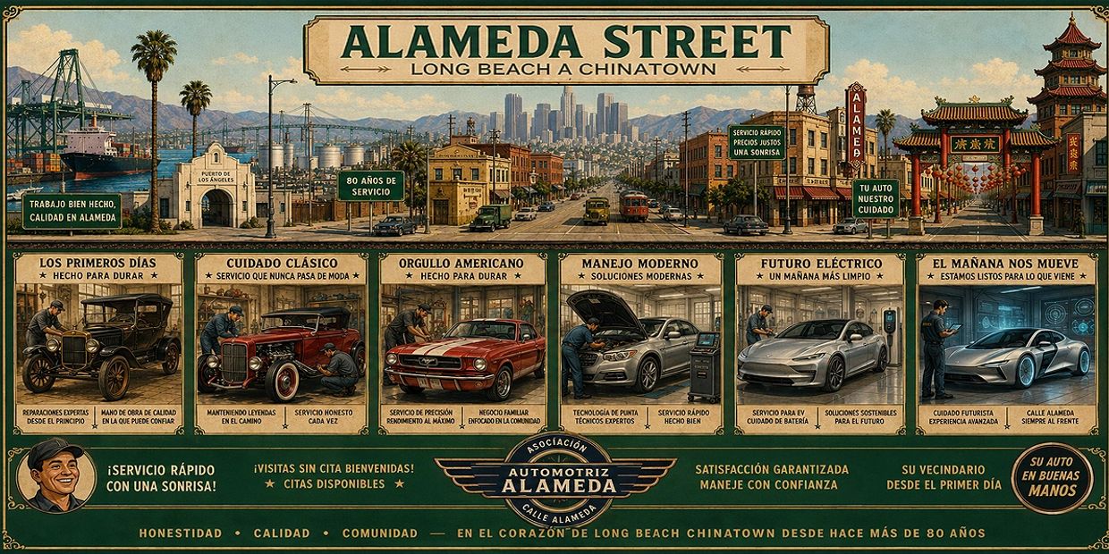A detailed vintage-style poster showcasing Alameda Street in Long Beach Chinatown with classic to modern cars and automotive service history.