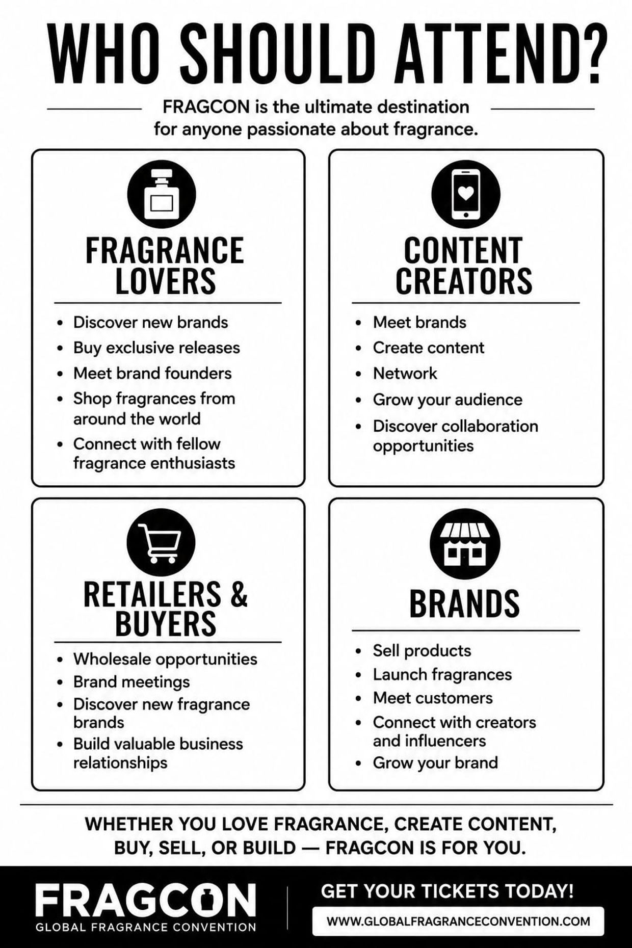 FRAGCON invites fragrance lovers, content creators, retailers, and brands to connect and grow in the fragrance industry.