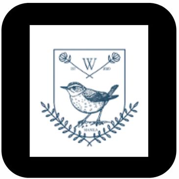 Vintage bird logo with floral elements and initials.