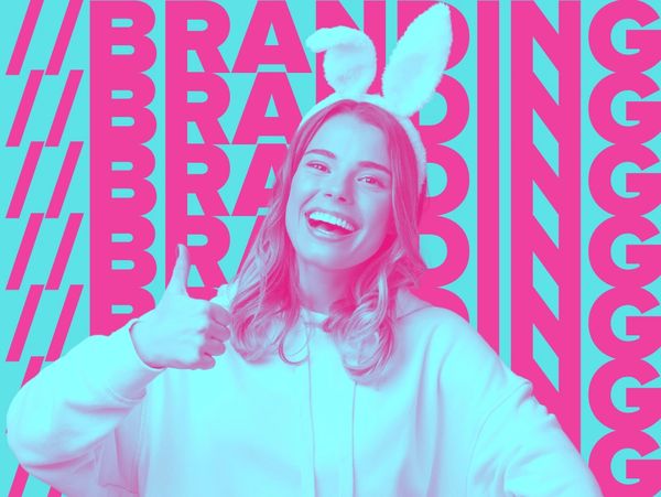 A cheerful woman with bunny ears gives a thumbs-up against a colorful branding background.
