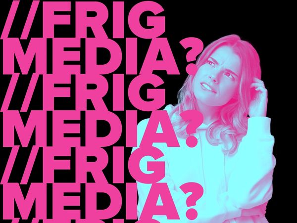 Woman in white hoodie looking confused, pink text repeating "//ERIG MEDIA?" on black background.